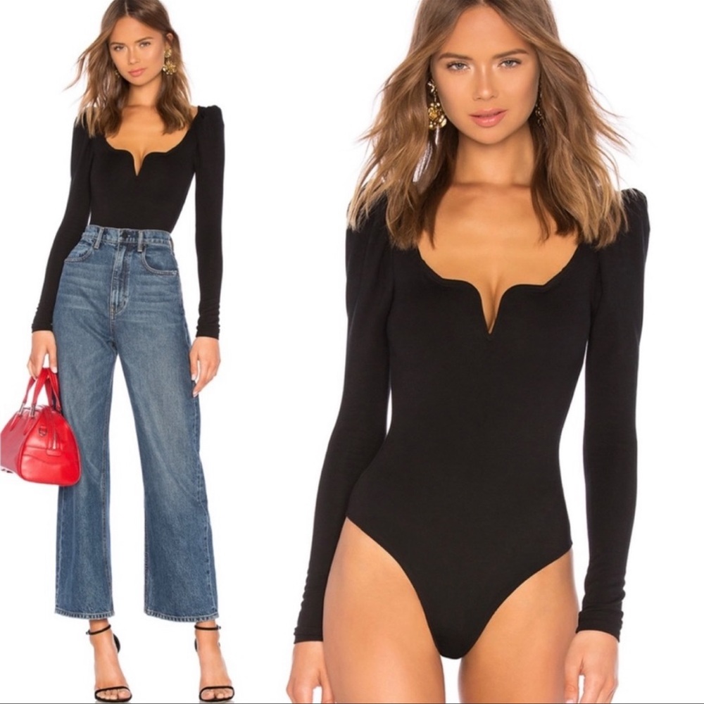 LPA Sweetheart Puff Sleeve Black Bodysuit Small